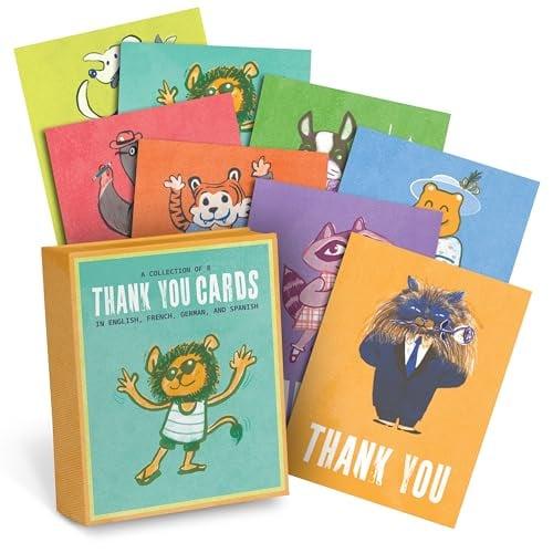 A Collection of 8 Thank you Cards in English, French, German, and Spanish