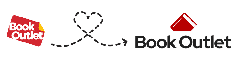 Old Book Outlet logo pointing at the new Book Outlet logo with a heart-shaped arrow